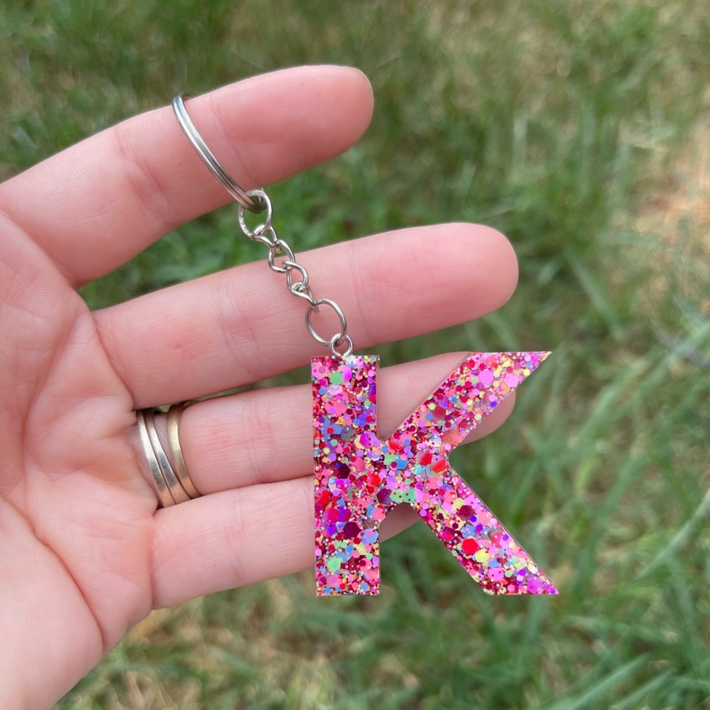 Confetti Cannon Pink Letter K Initial Keychain Handmade With Resin
